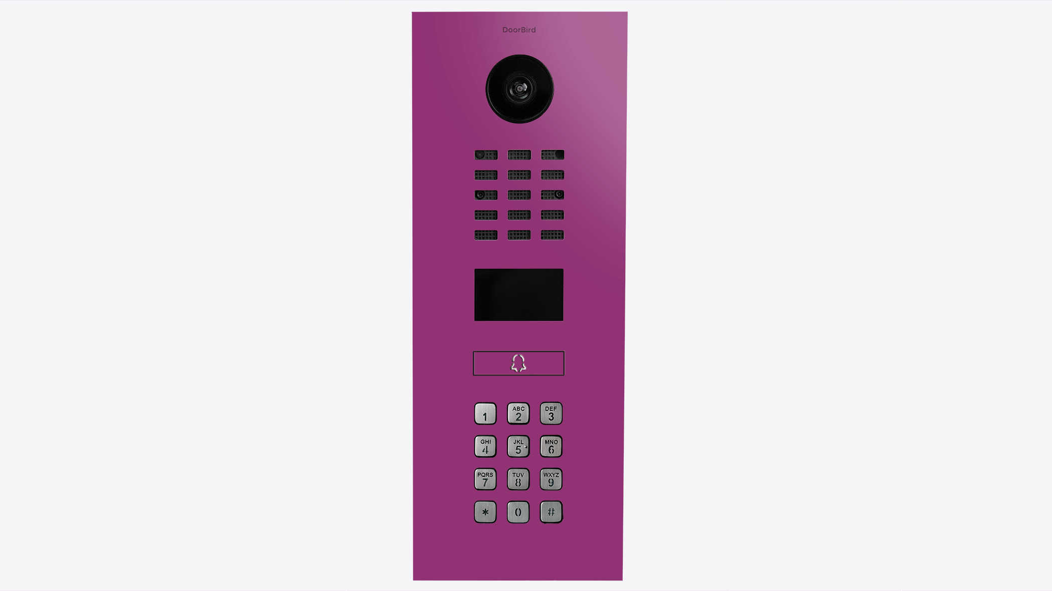 Traffic purple door intercom panel with camera lens, speaker grille, and keypad