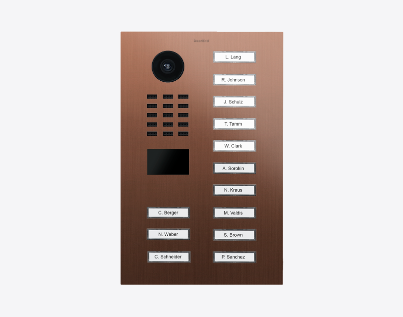 Bronze IP video door station with circular camera and 13 nameplate call buttons