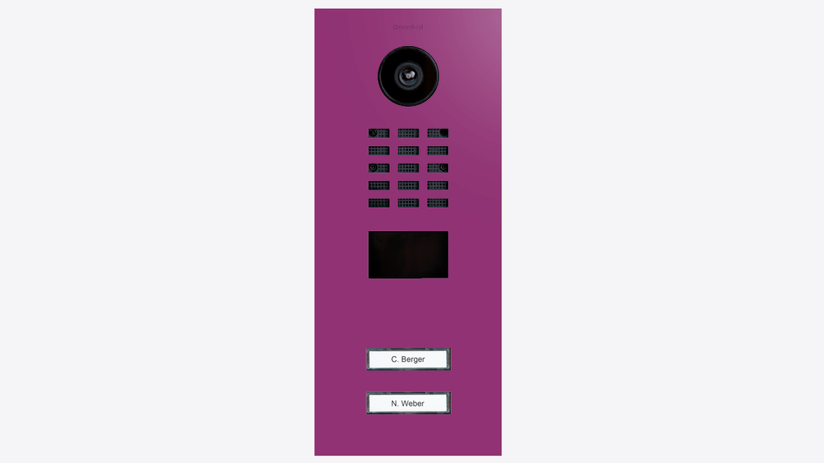 DoorBird IP video door station in traffic purple, with camera lens and call buttons