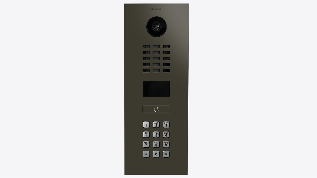 Grey-olive video intercom close-up with round camera lens, call keypad, and display window