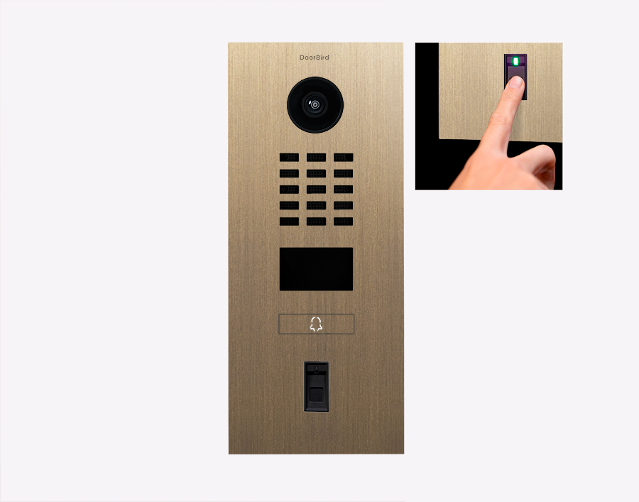 DoorBird fingerprint video door station in burnished brass, camera and keypad front