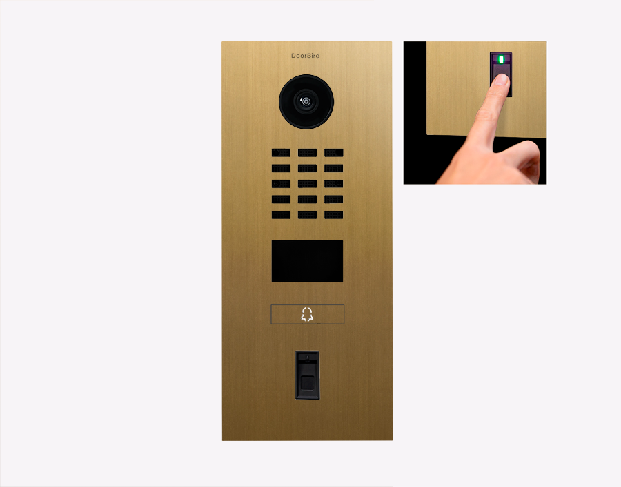 DoorBird metallic video door station with camera, keypad grid, and call speaker panel
