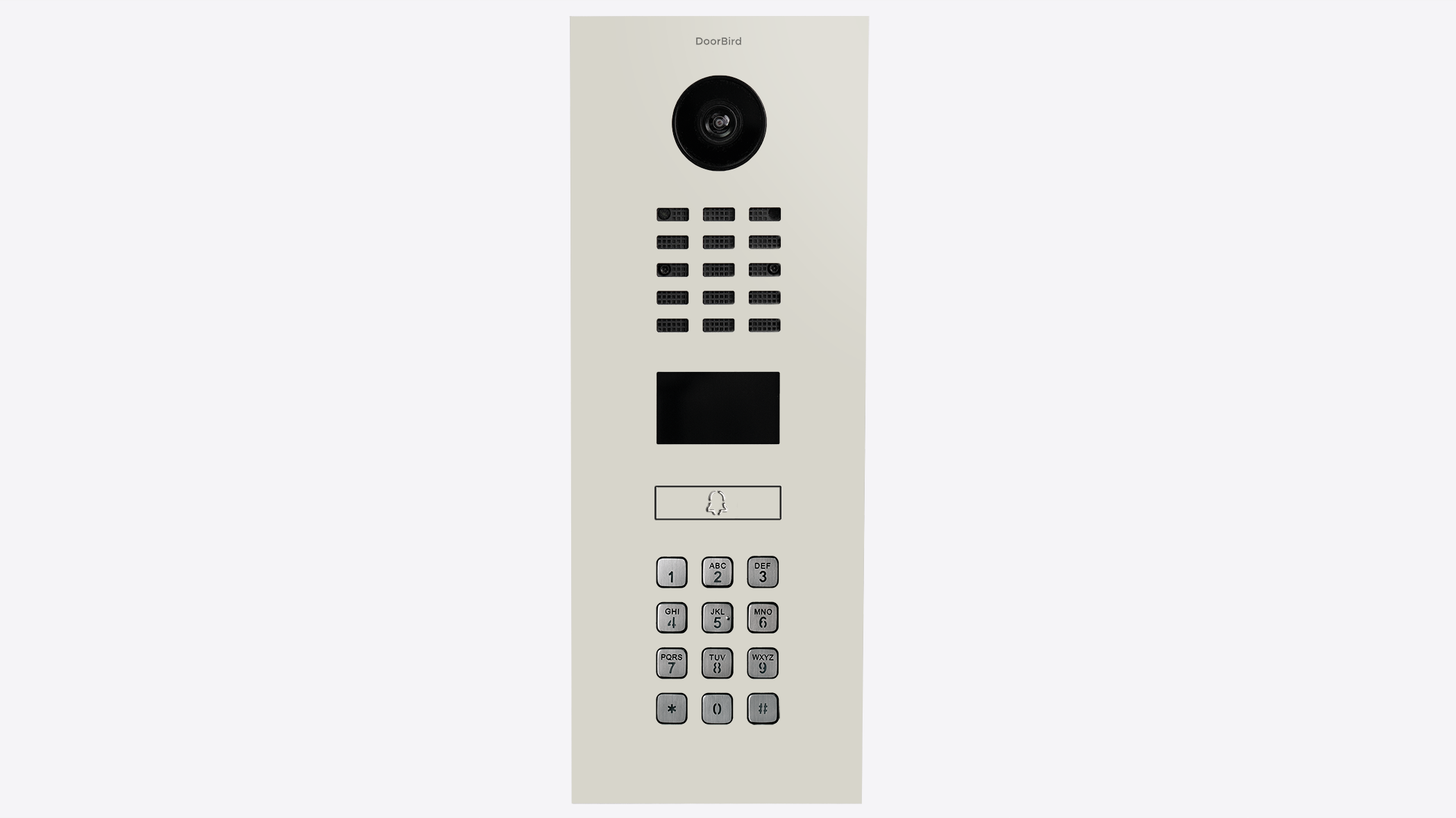 Video intercom call panel with camera lens, speaker grille, and number keypad