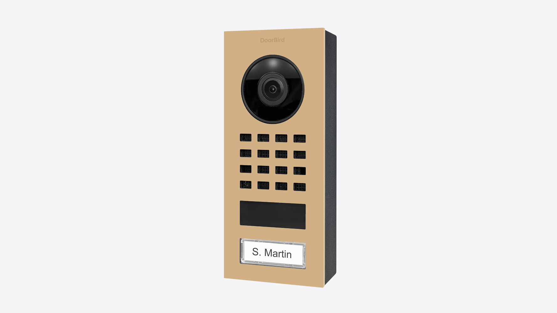 Beige DoorBird surface-mount video intercom with camera, keypad, and nameplate 'S. Martin'.
