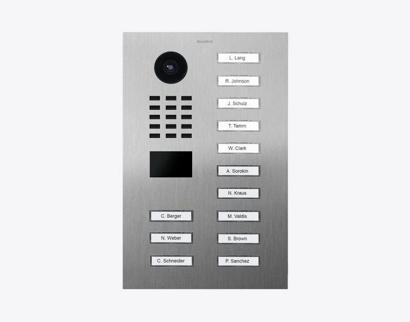 DoorBird IP video door station in brushed stainless steel, camera and 13 name call buttons