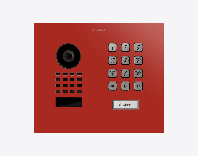 DoorBird modern flush-mount IP video door station, flame red metal face with camera and keypad