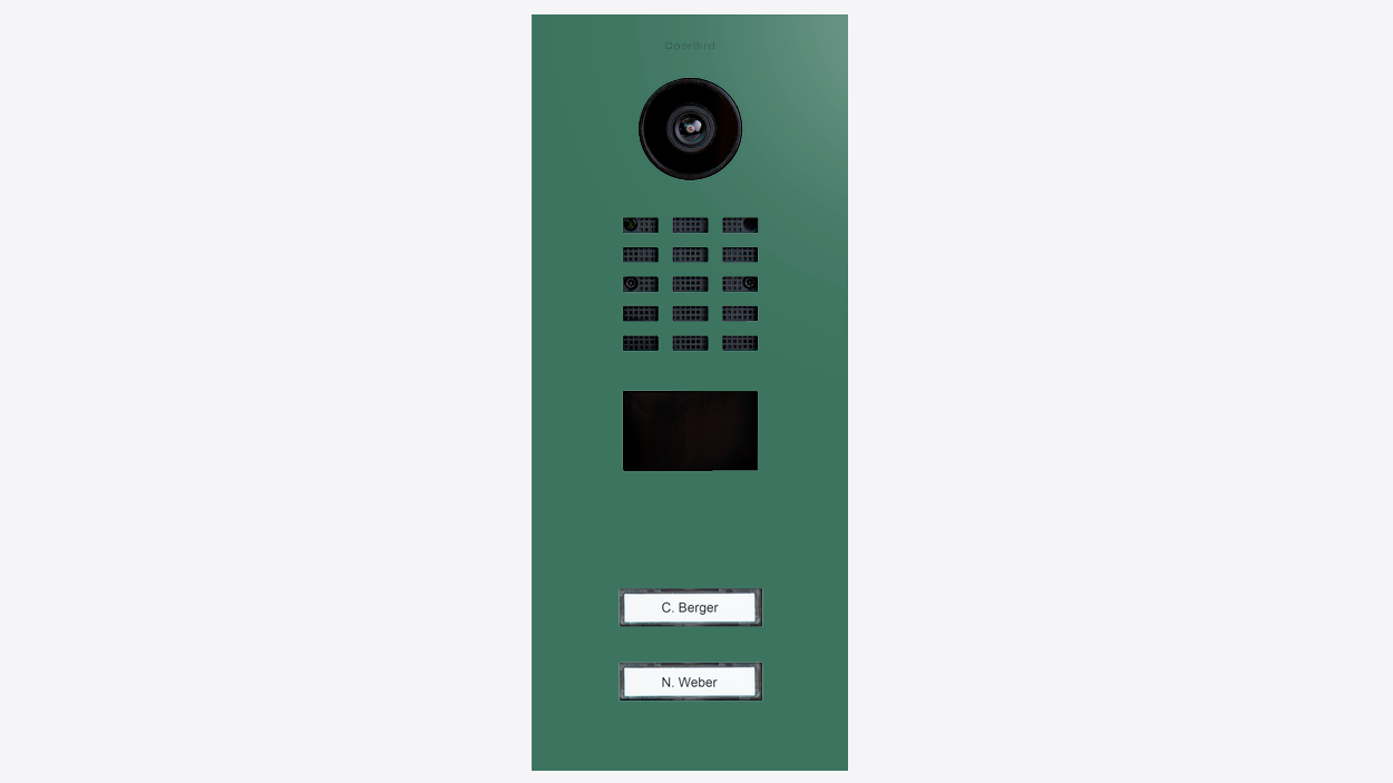 Patina green IP video door station with camera, keypad grid, and two call buttons