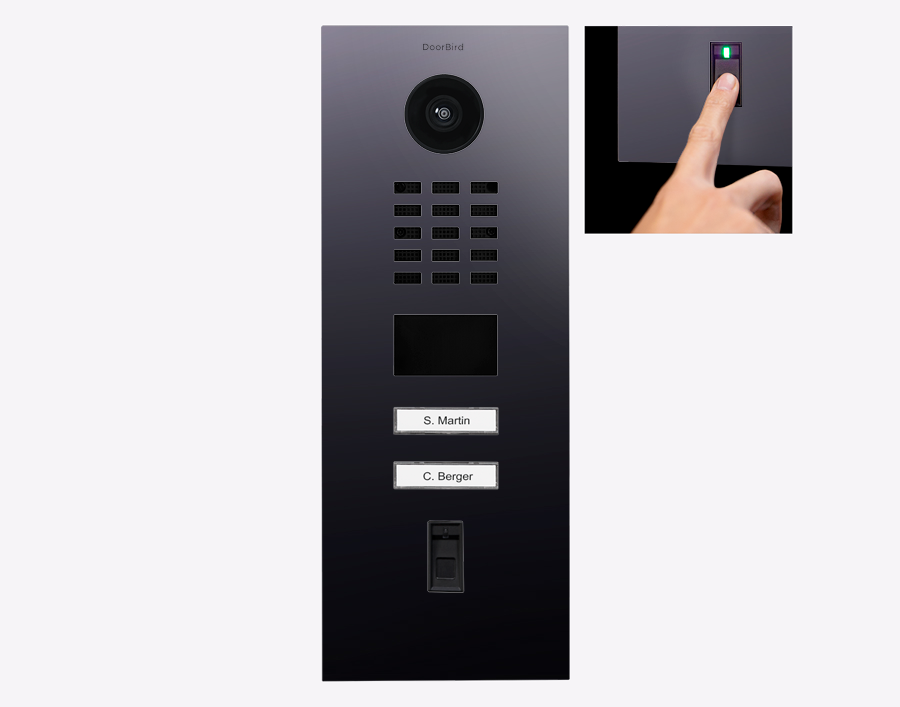 Titanium video door station with fingerprint reader and keypad, 2 call buttons