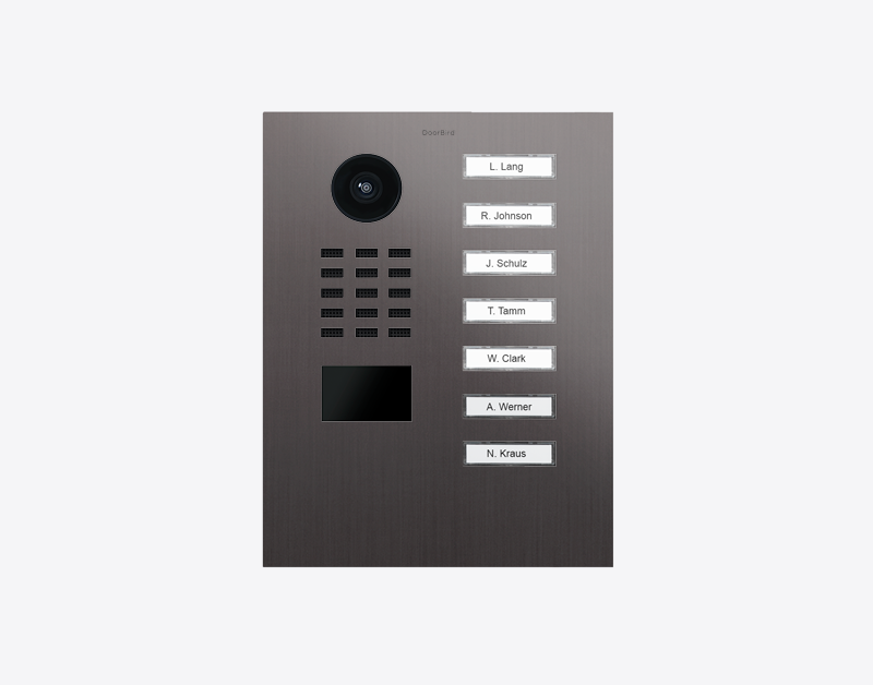 Titanium IP video door station with camera lens and seven labeled call buttons