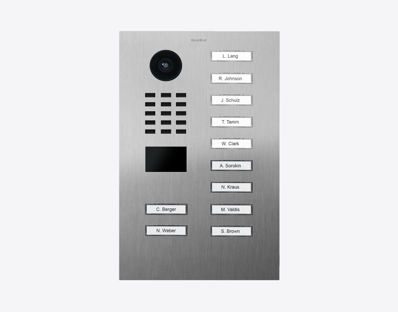 DoorBird IP video door station in stainless steel with camera lens and call buttons