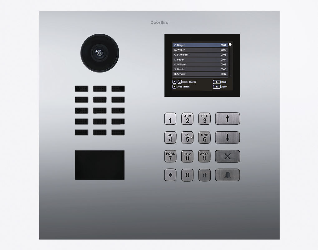 DoorBird IP video door station faceplate with camera, keypad buttons, and screen