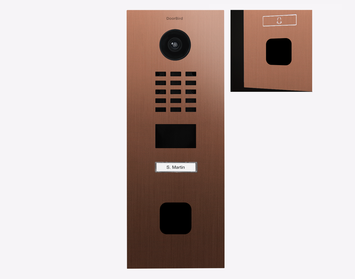 DoorBird bronze IP video door station with camera, speaker grille, and keypad