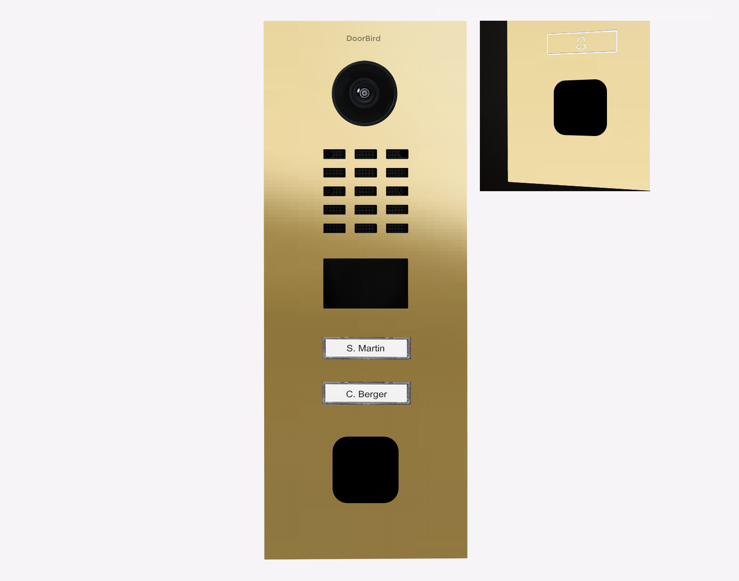 DoorBird brass IP video door station with camera lens, keypad, and two call buttons