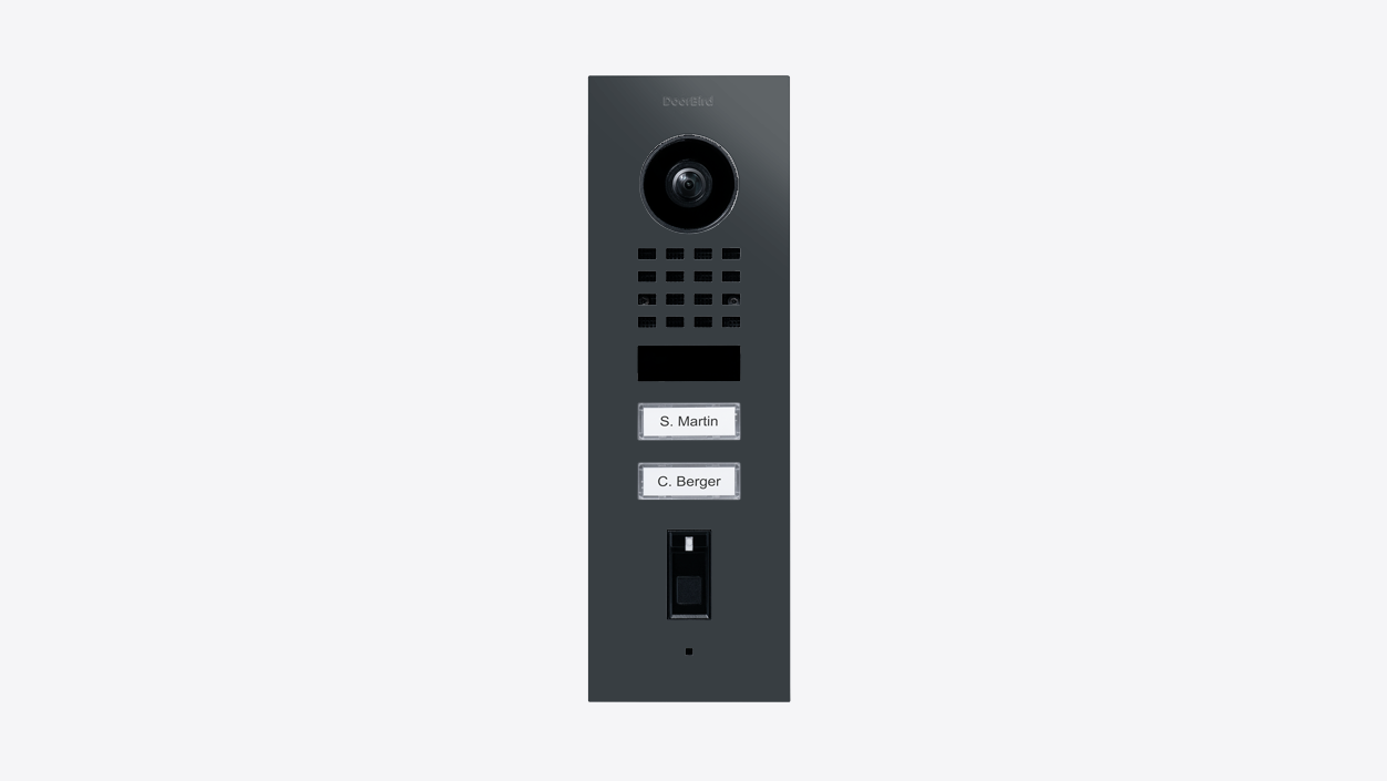 Anthracite grey flush video door station front view with camera, speaker grille, keypad