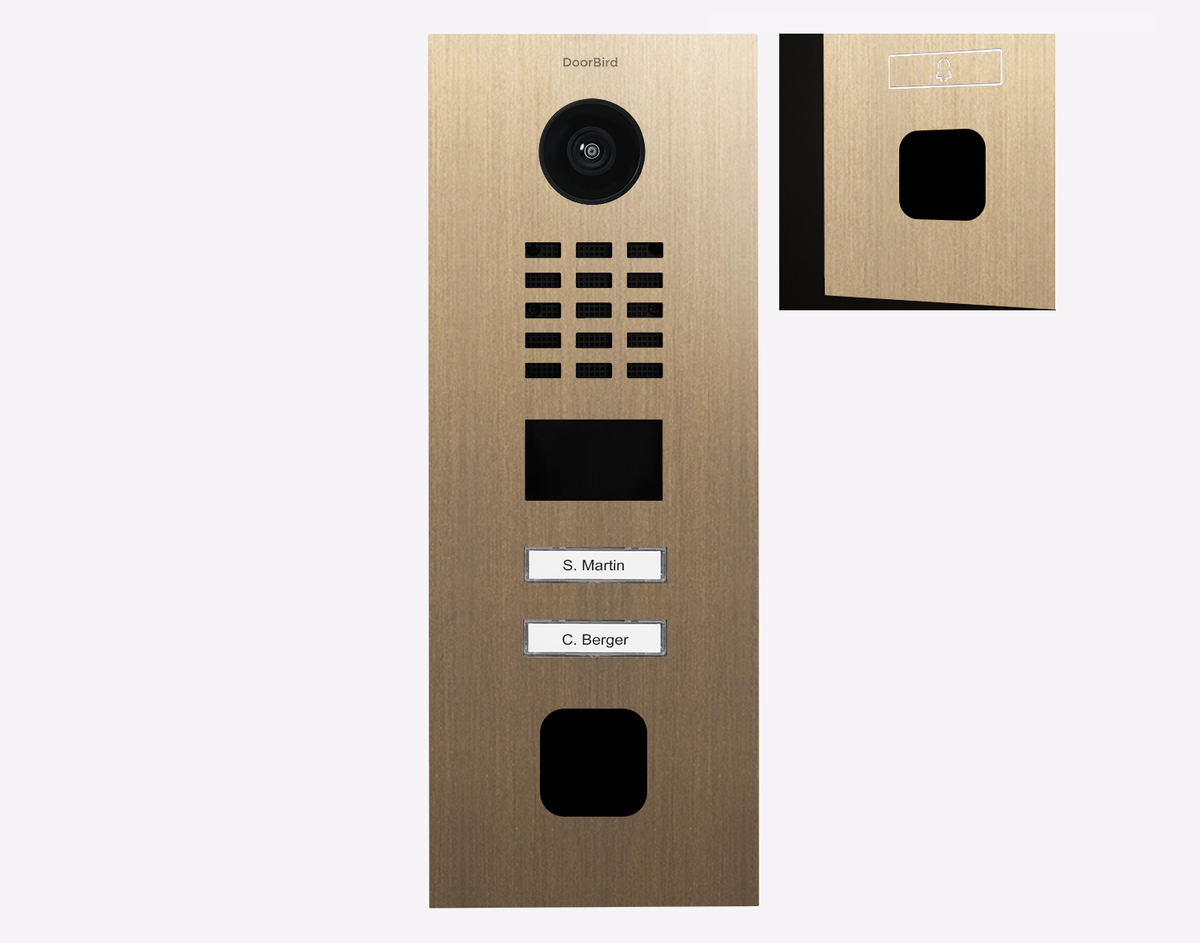 DoorBird D2102FV EKEY Sline IP video door station, burnished brass with two black call buttons