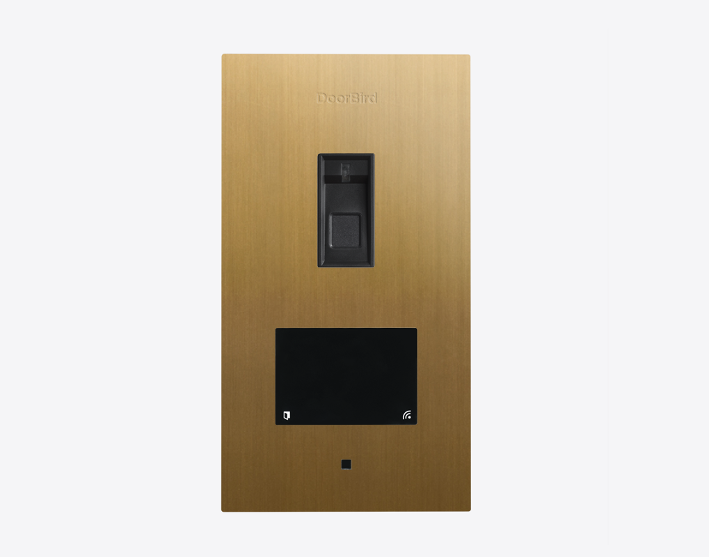 DoorBird flush-mount fingerprint access control device in gold brushed metal with sensor