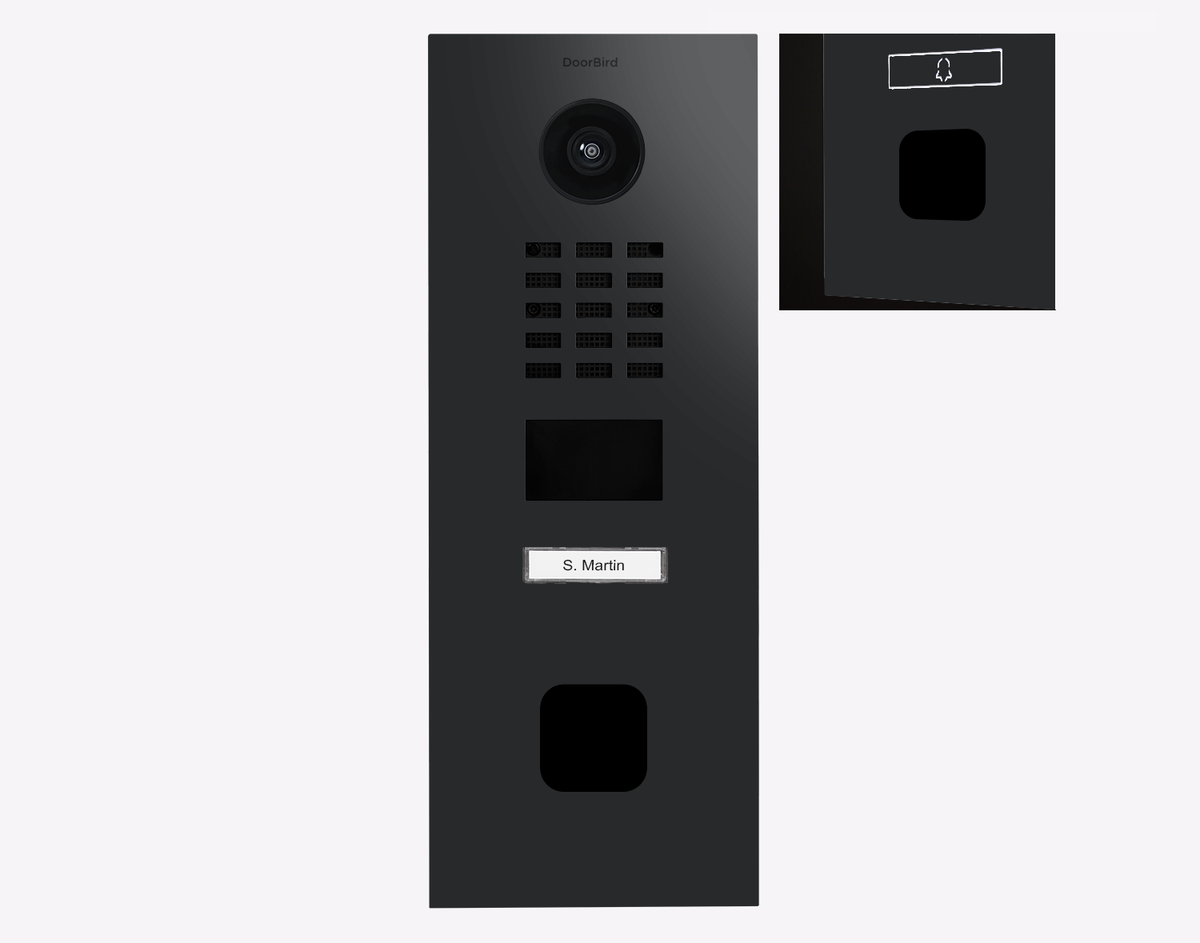 Graphite black IP video door station with camera lens, keypad, speaker and nameplate