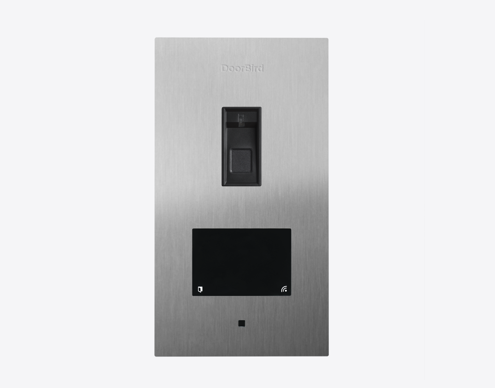 Stainless steel DoorBird flush-mount access control device with fingerprint reader and keypad