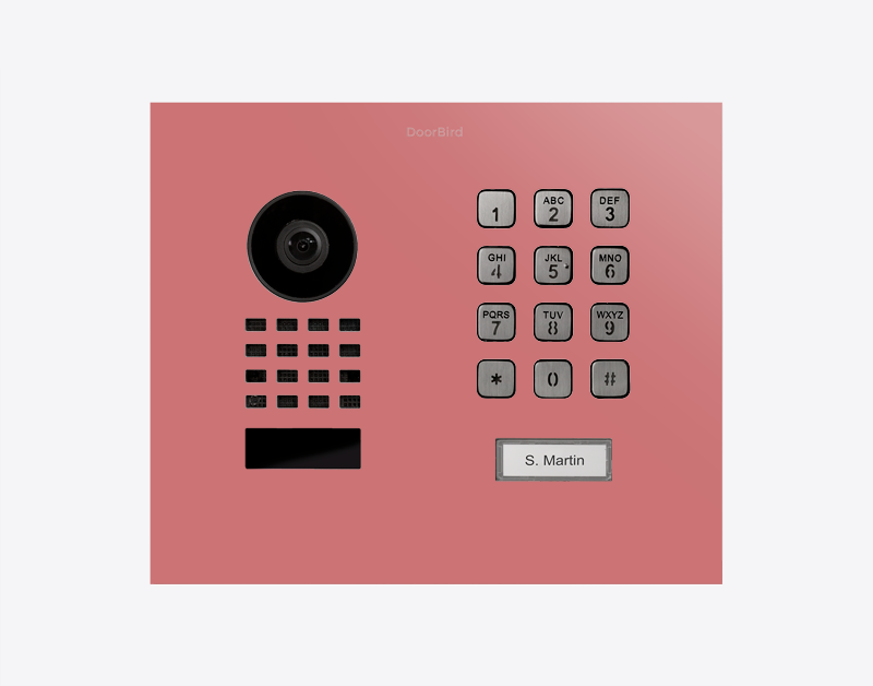 DoorBird flush-mount IP video door station, antique pink front panel with camera and keypad
