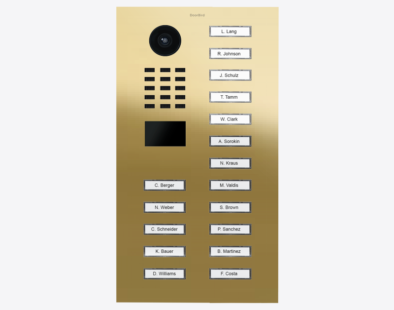 Brass IP video door station with camera lens and multiple call button name labels