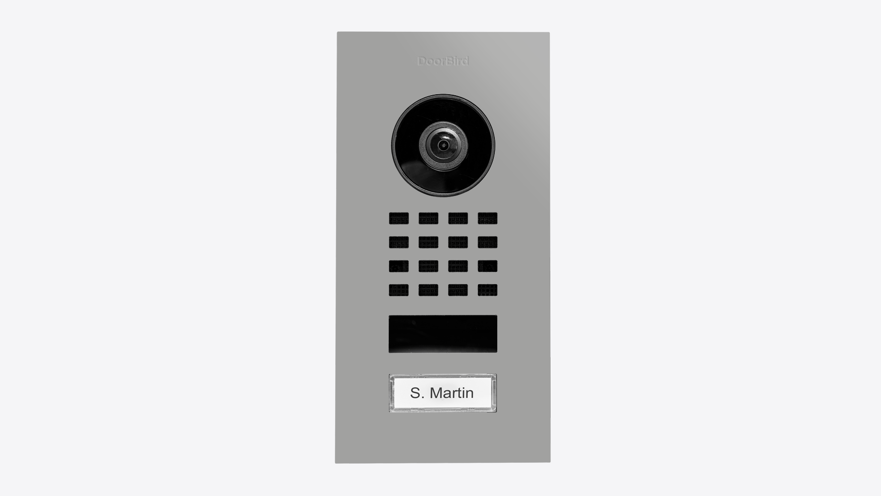 Gray flush-mount IP video intercom panel with camera, keypad, and nameplate