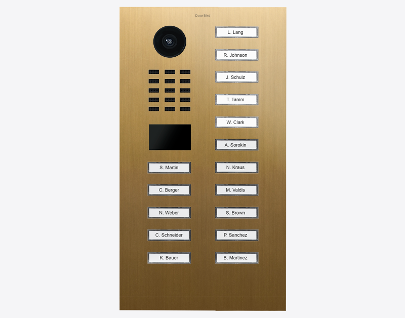 Gold IP video door station panel with 16 call buttons and name labels