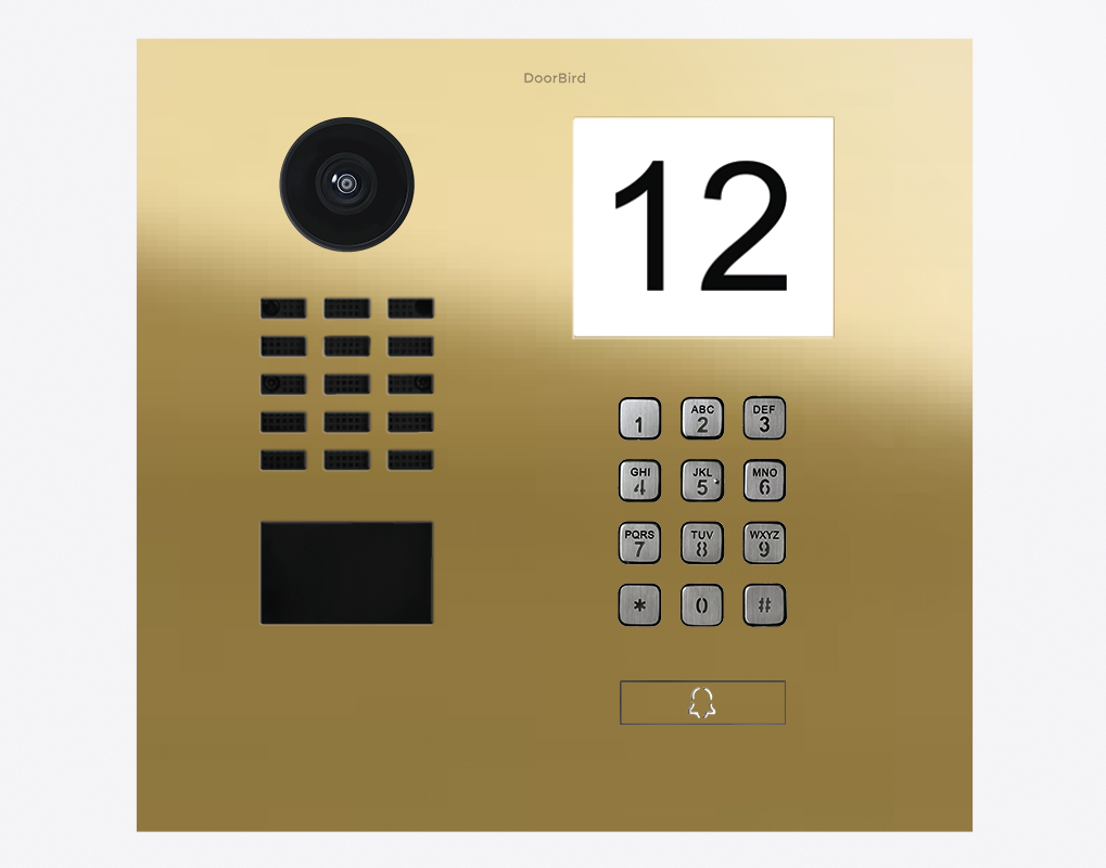 Brass IP video door station with camera lens, keypad, and number display 12