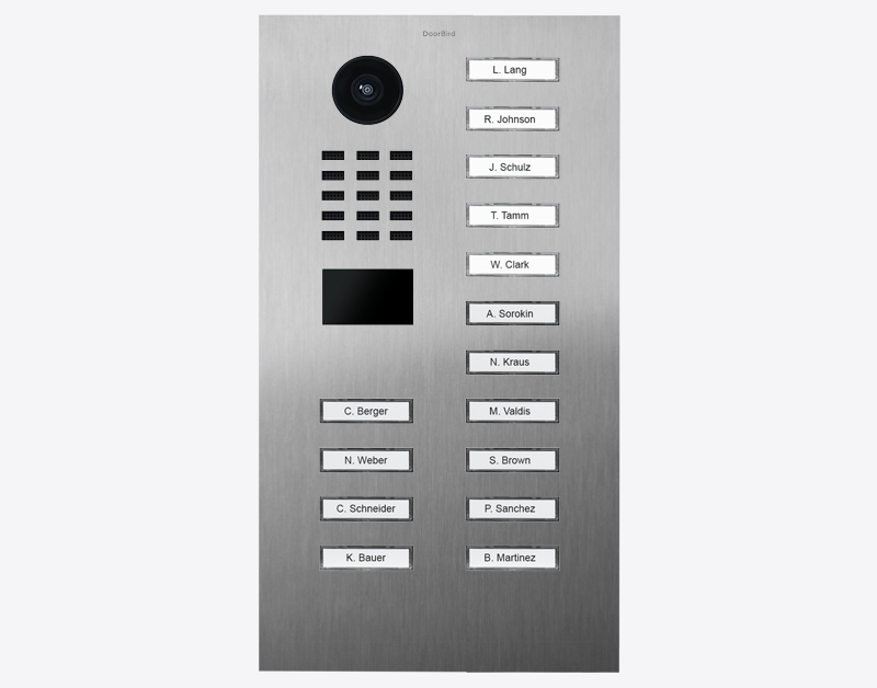 Stainless steel video door station with round camera and 15 label call buttons
