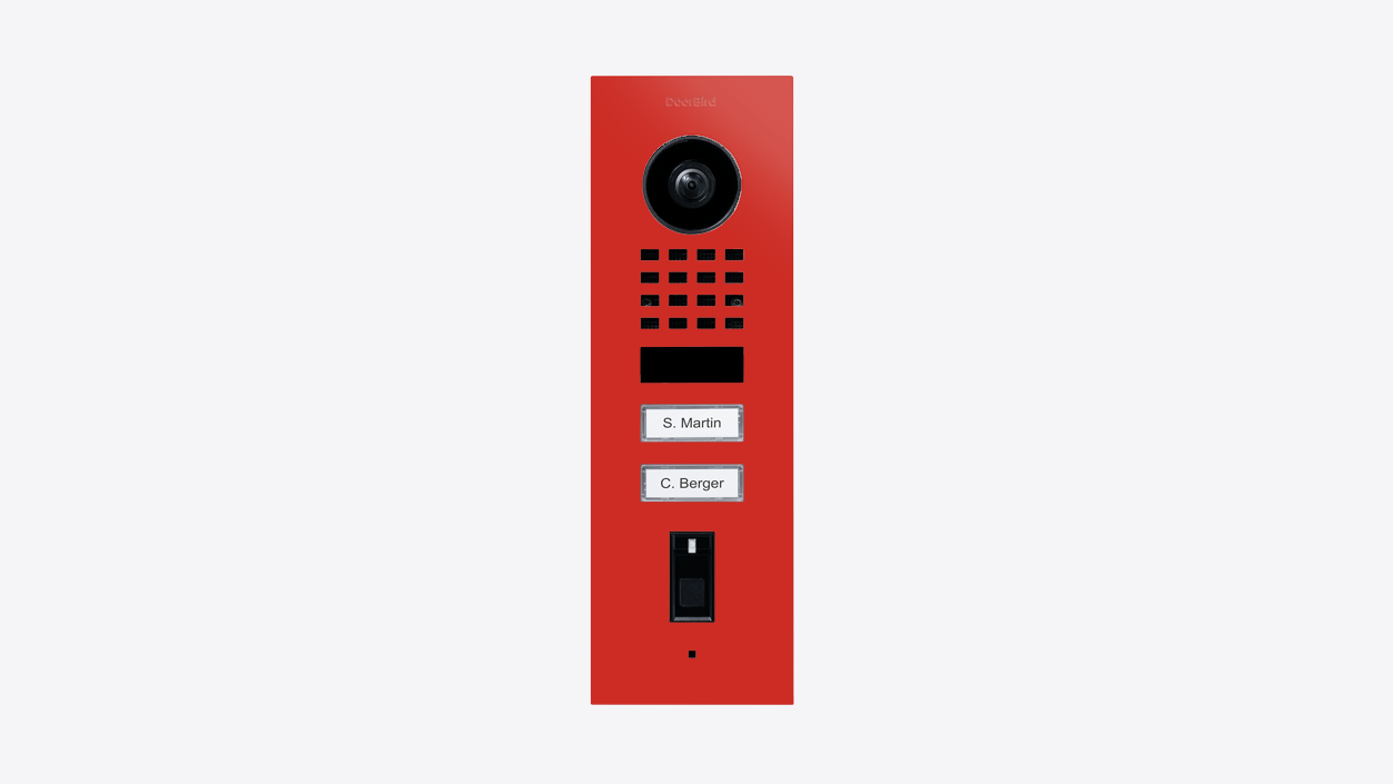 Pure red flush-mount IP video door station with camera lens and keypad