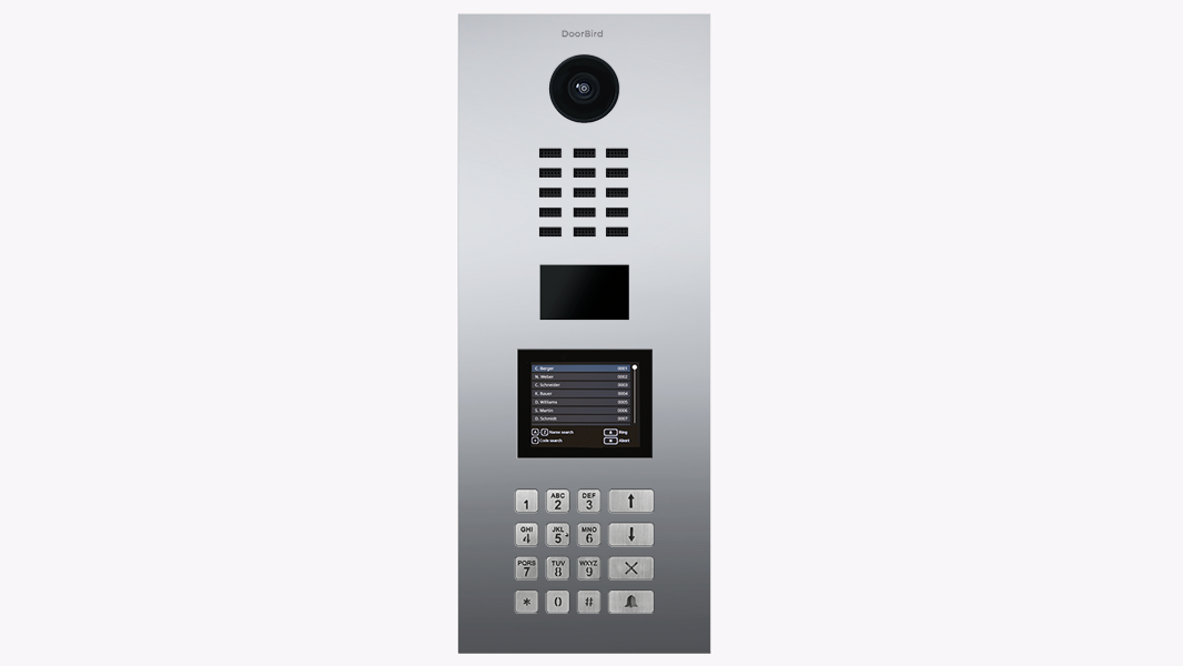 Brushed stainless steel IP video door station with camera lens and button keypad