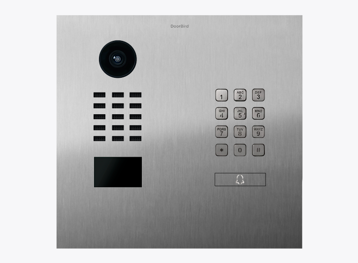 DoorBird IP video door station in brushed stainless steel with camera lens and numeric keypad
