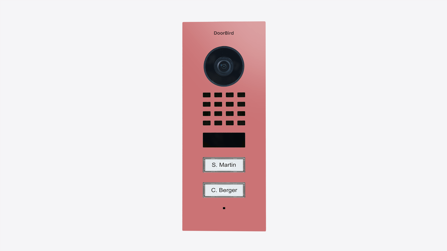 Antique pink front of flush-mount IP video door station with camera and two name labels
