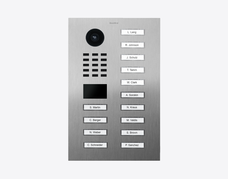 Stainless steel video door station with circular camera and 14 call buttons