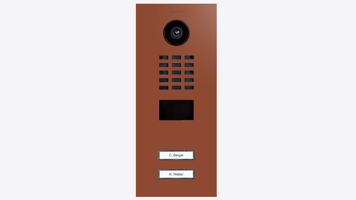 Copper-brown IP video door station with camera, keypad, and two button name labels
