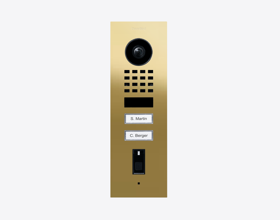 Brass flush-mount video door station with camera lens, keypad, and call buttons