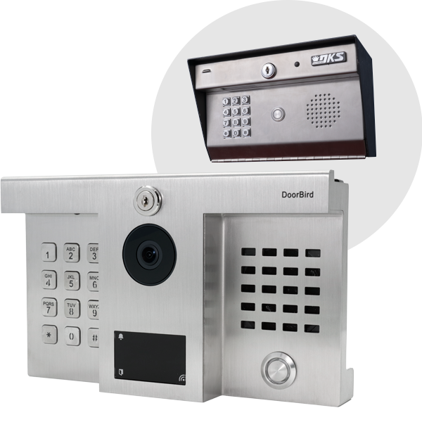 Stainless steel DoorBird IP video door station with camera, keypad, and speaker grille