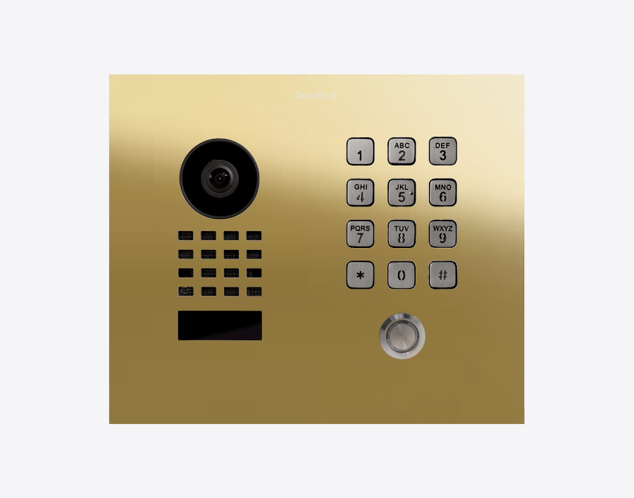 Brass flush-mount IP video door station with camera lens and keypad