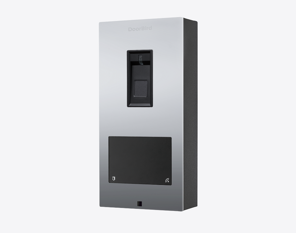 DoorBird fingerprint access control device with chrome stainless housing and dark keypad