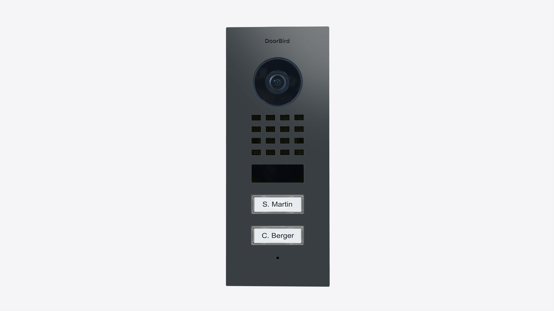 DoorBird flush-mount video door station in anthracite grey with camera and grille
