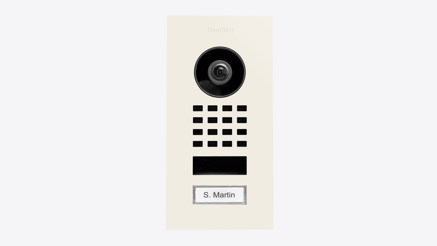 DoorBird flush-mount video intercom, white panel with camera, keypad grid, nameplate
