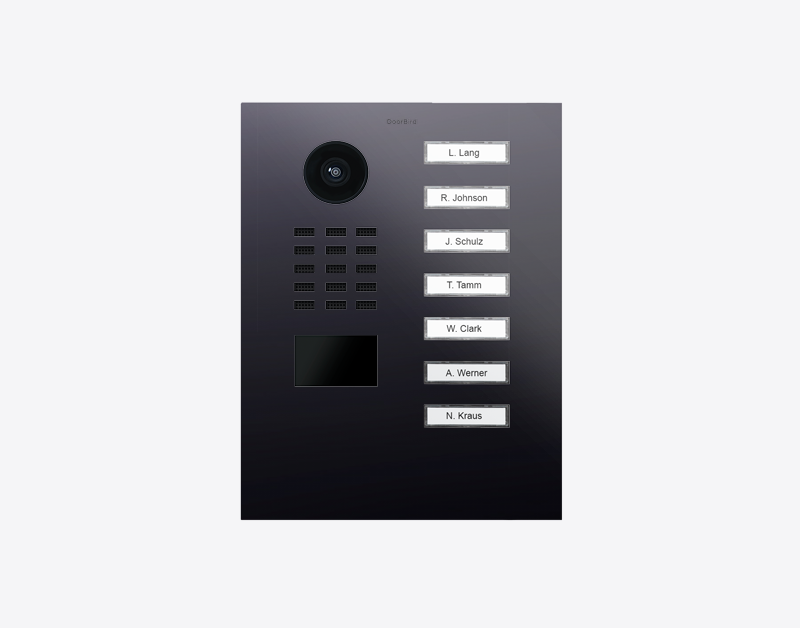 DoorBird titanium IP video door station with camera lens and 7 labeled call buttons