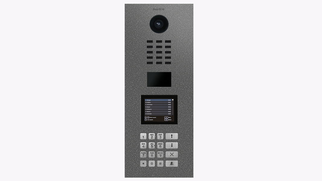 Stainless steel video door station with camera, speaker grille, and keypad panel