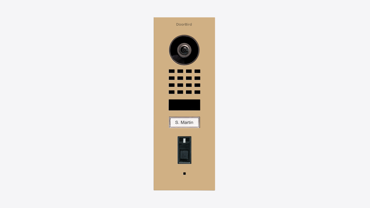 DoorBird fingerprint flush-mount video door station in beige with camera and grille