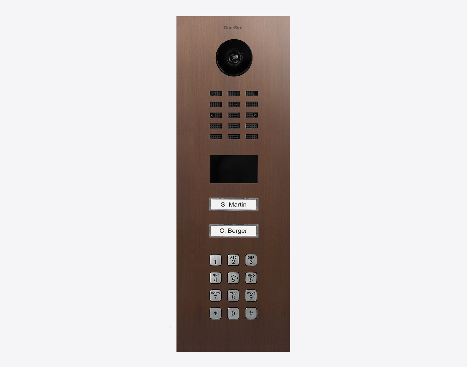Architectural bronze IP video door station with camera lens, keypad, and call buttons