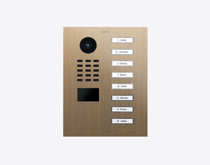 DoorBird brass video door station with round camera and 8 name call buttons