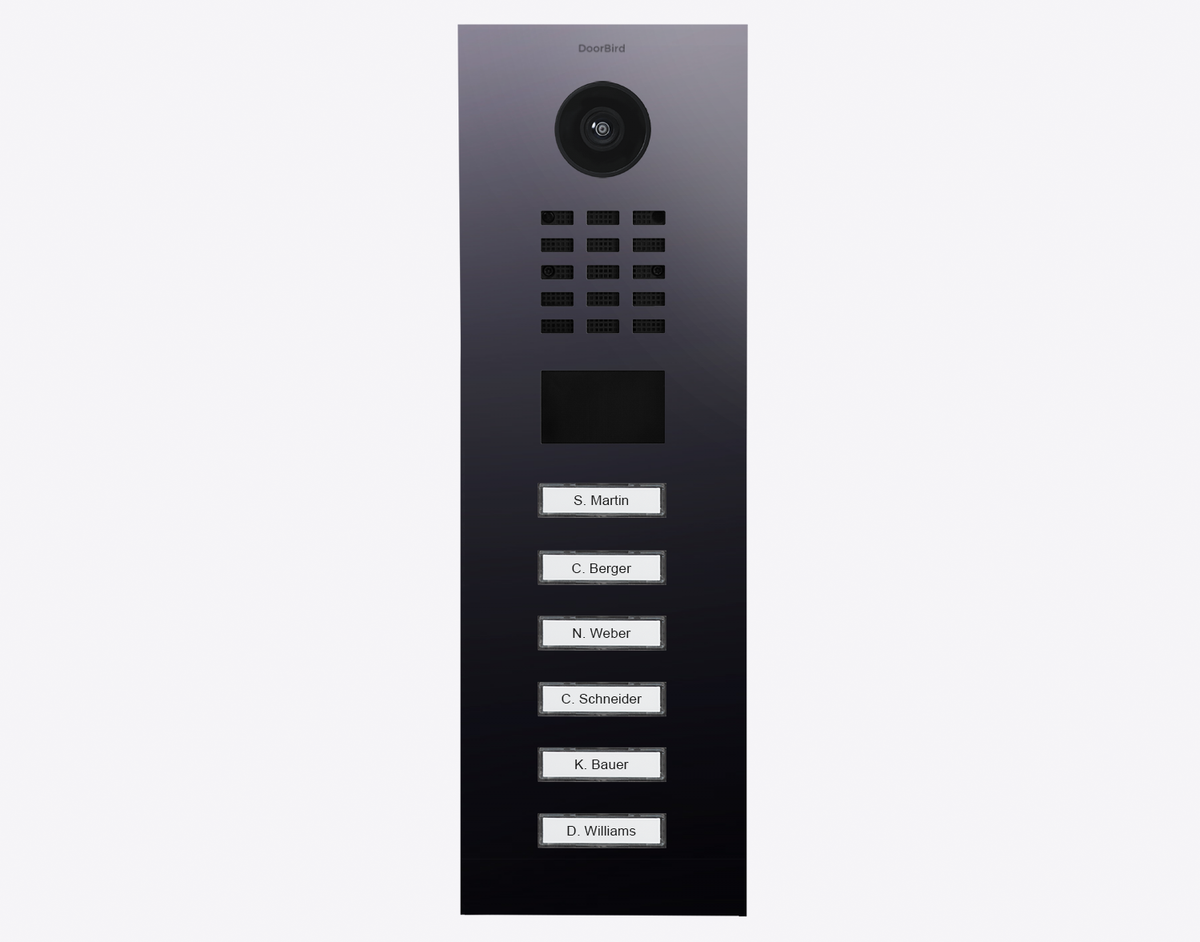 Titanium IP video door station with camera lens, 6 call buttons, name labels
