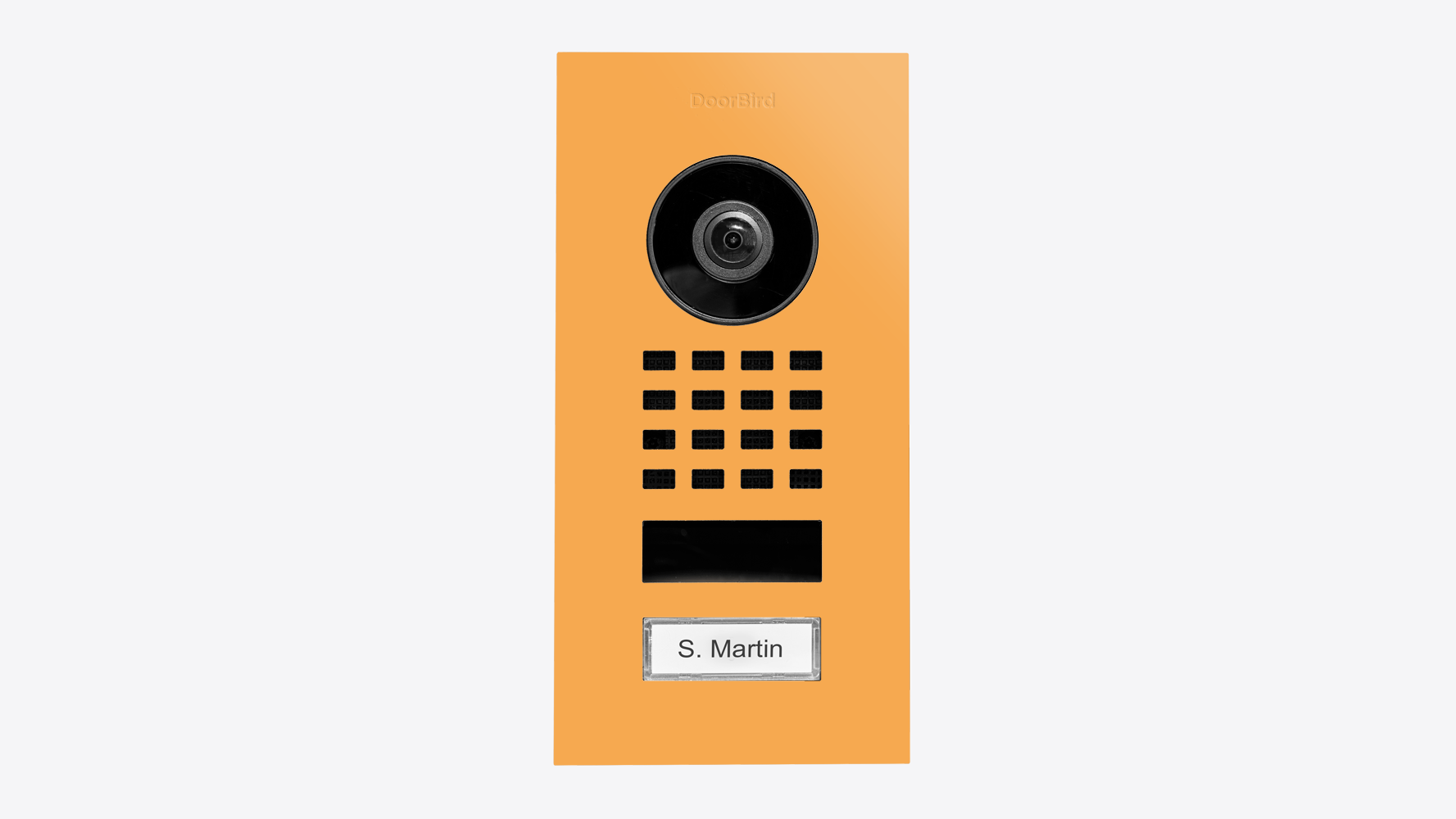 DoorBird flush-mount IP video intercom in saffron yellow with camera, keypad, name tag