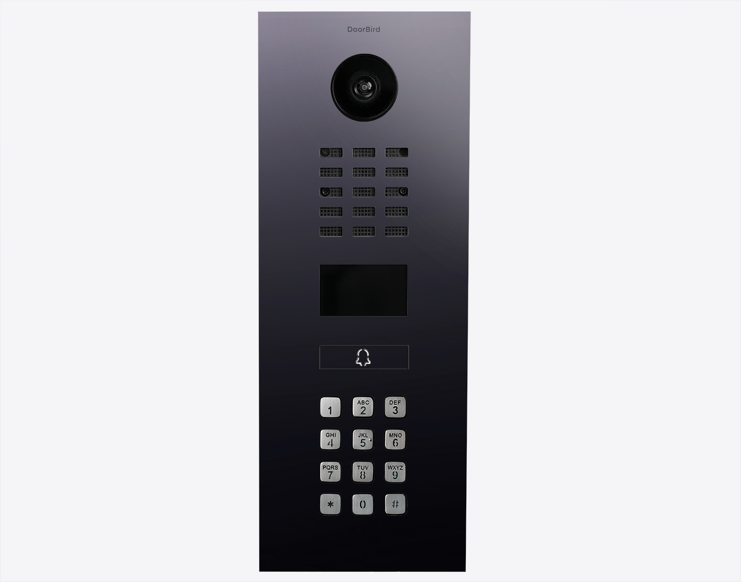 Black-and-titanium video intercom panel with camera, speaker, and numeric keypad