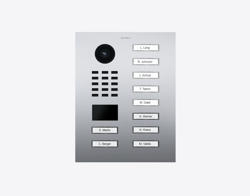 Chrome IP video door station with camera lens and 10 name call buttons