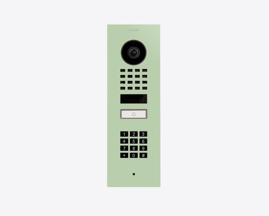 DoorBird flush mount IP video door station in pastel green, with camera lens and keypad